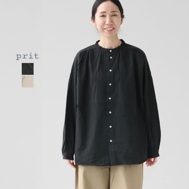PRIT(プリット) 綿麻シャドウチェック クレリックギャザーブラウス