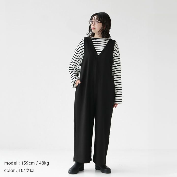 PRIT プリット｜30/2ツイルストレッチ裏起毛 Vネックオールインワン