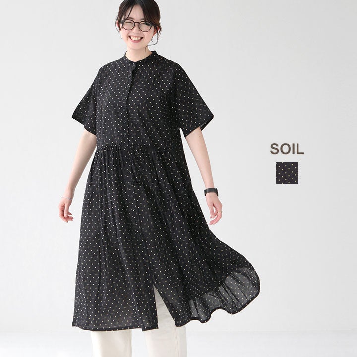 jononlynx コットンボイルジレ (黒 / ボルドー) SOIL ソイル｜コットンボイル ドットプリント バンドカラーワンピース